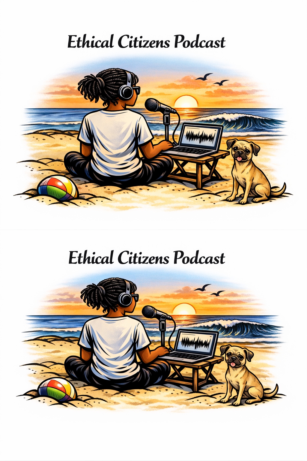 Ethical Citizens Podcast — illustrated woman with locs and headphones seated on a beach at golden sunset with microphone and laptop, small dog beside her